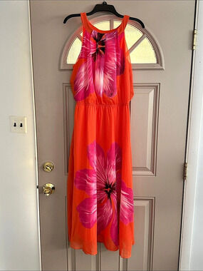 Signature by Robbie Bee Floral Maxi Dress Orange & Pink Size 14 Like New